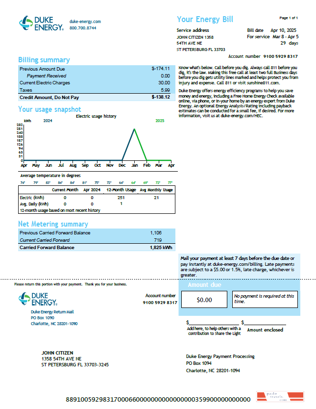USA Duke Energy utility bill template in Word and PDF formats, version 4